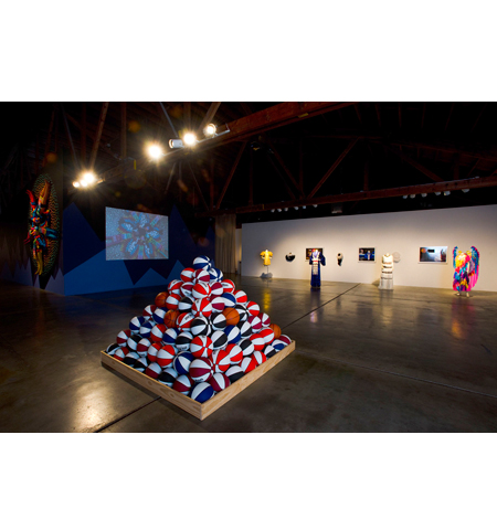 Disjecta installation showing Basketball Pyramid,paintings, video by artist David Huffman