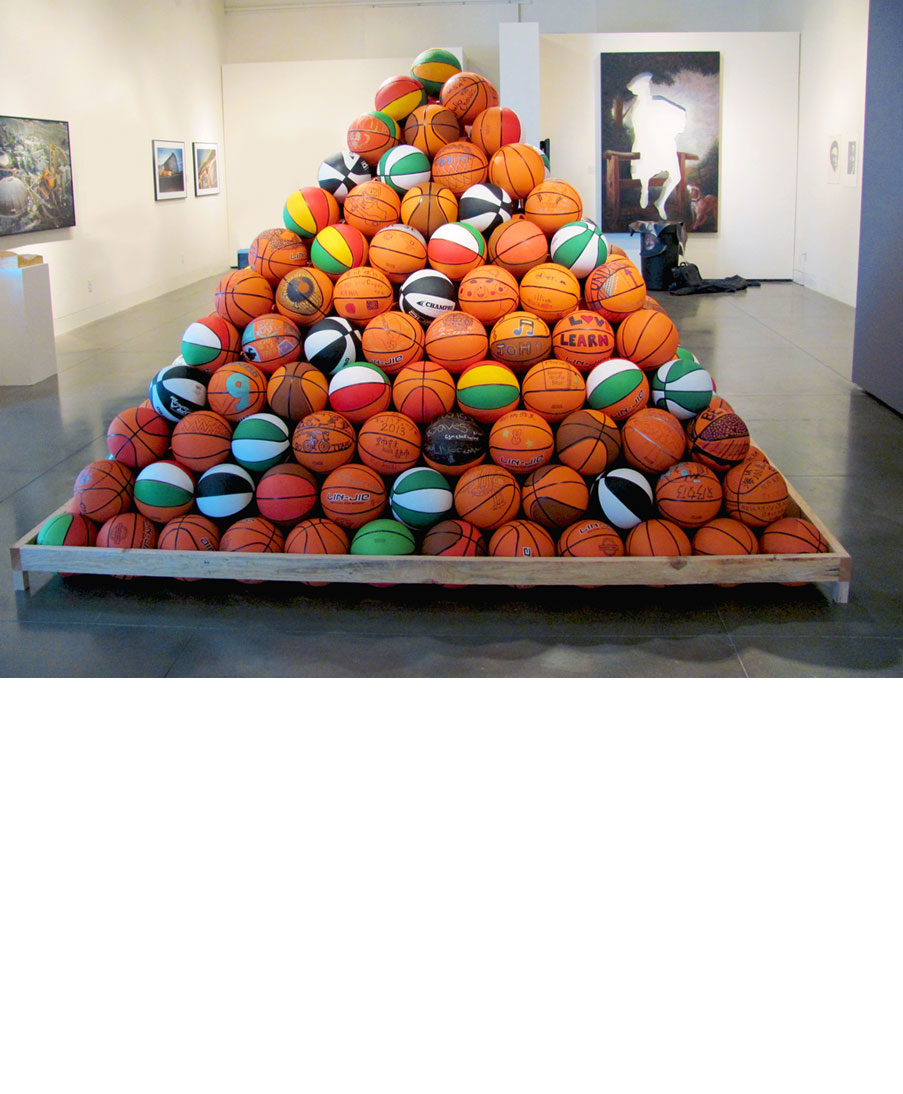 Basketball Pyramid, paintings, and video by artist David Huffman in the Disjecta exhibit Space is the Place